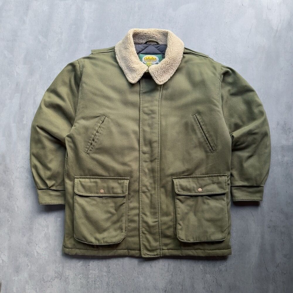 Rare Vintage Cabela’s Goose Down Barn Coat Canvas Chore Jacket Sherpa Collar L